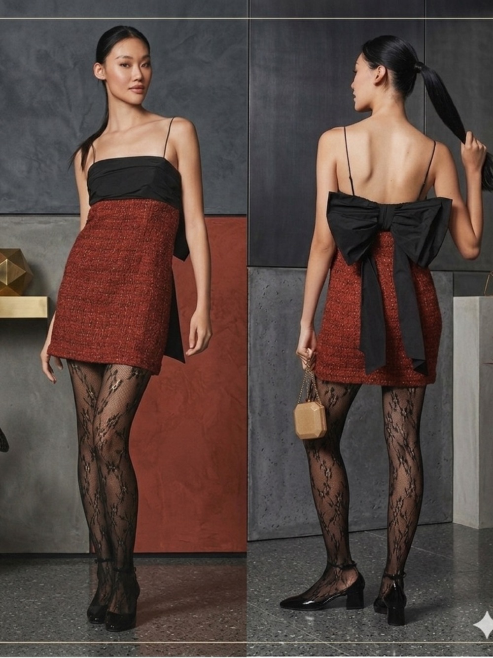 Anthropologie Maeve Bow Square Neck Tweed Mini Dress Red Black NWT Medium